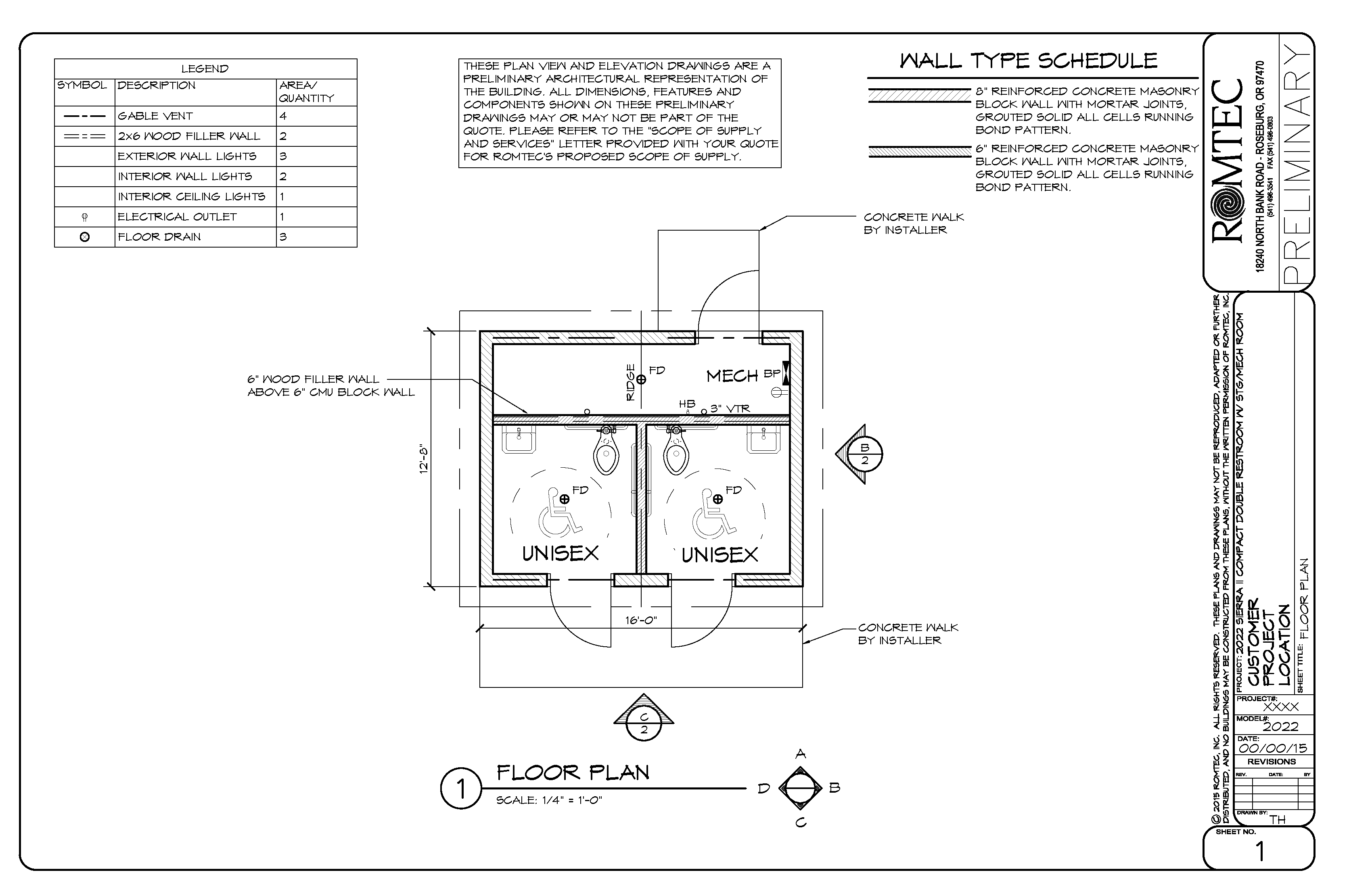 Plan View and Elevation Drawings for a Medium Sized Restroom