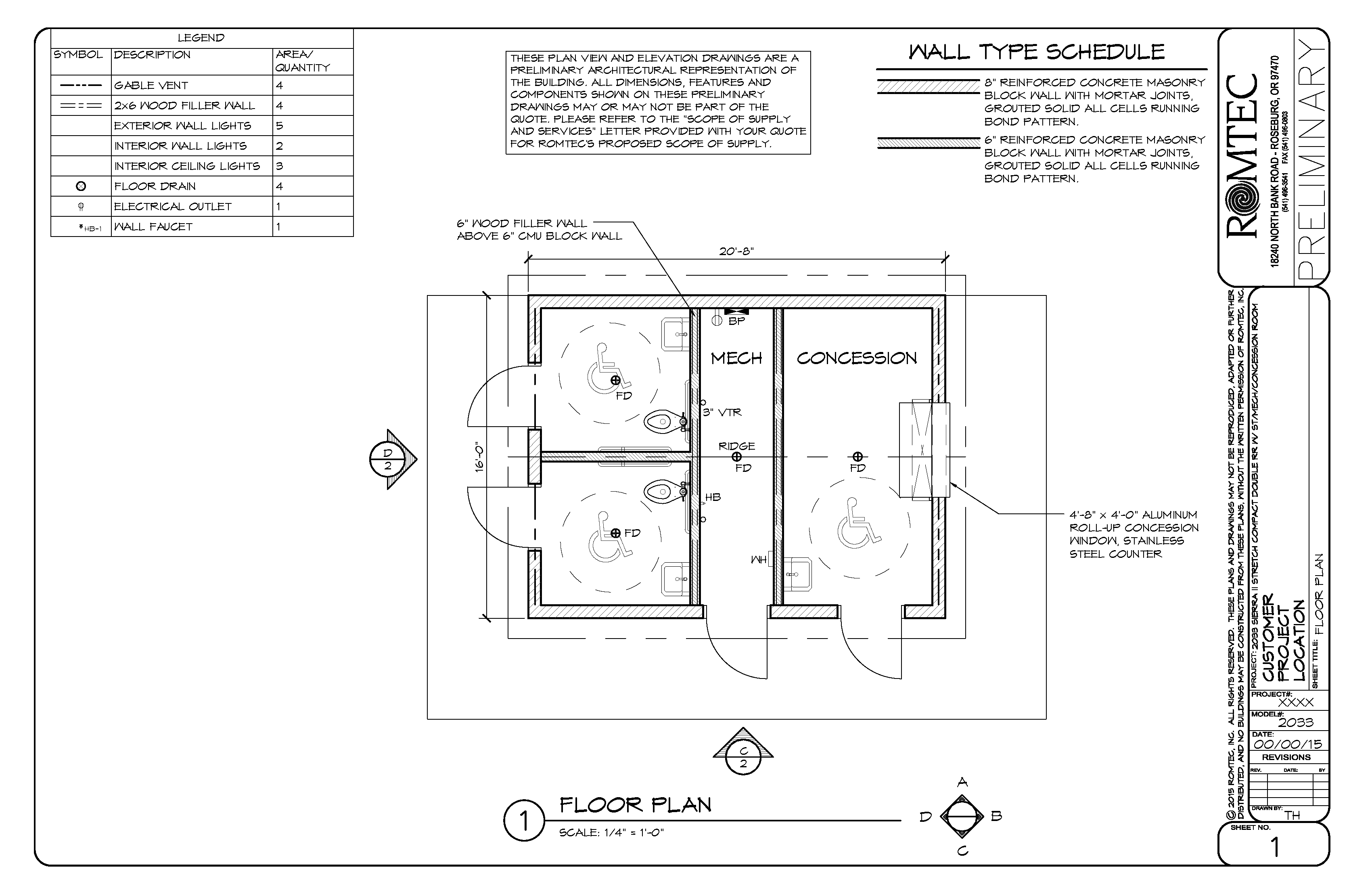 Drawings of a Small Concession Building with Unisex Restrooms and a Small Mechanical Room