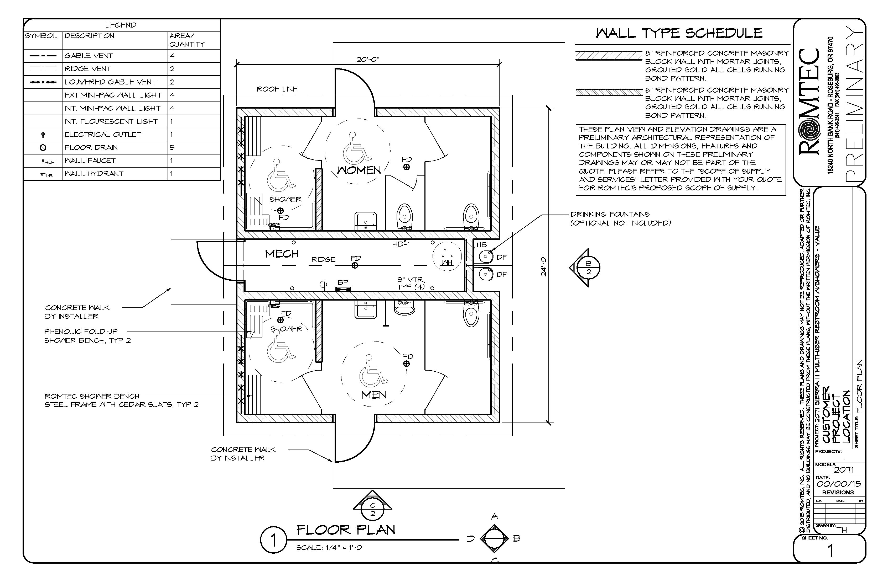 model-2071-medium-shower-multi-user-building Medium Sized Shower Rooms Structure with Side Entrance and Drinking Fountains