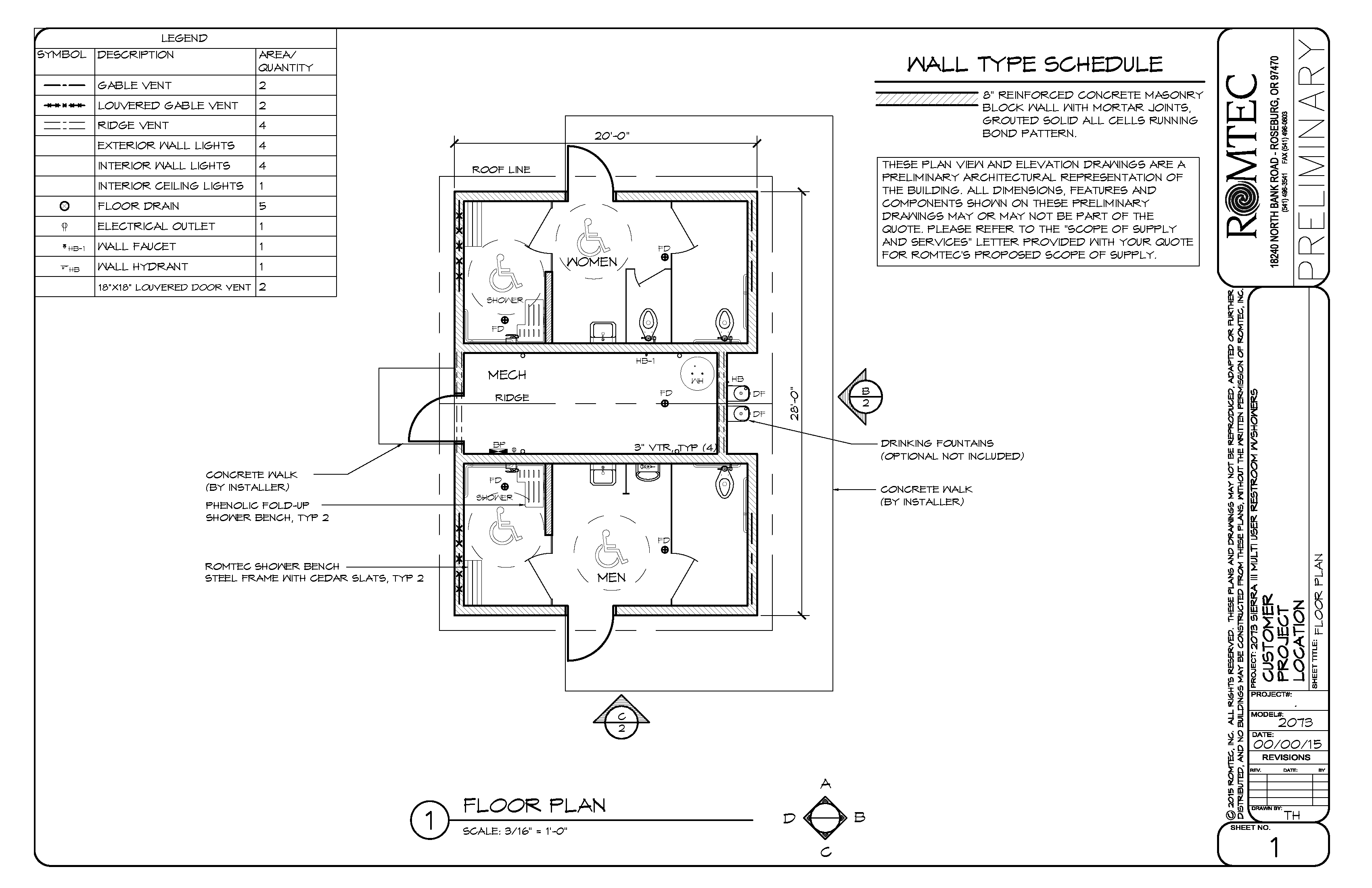 modle-2073-multi-user-shower-restroom-side-entry Plans for a Medium Shower Facility with Large Mechanical Room