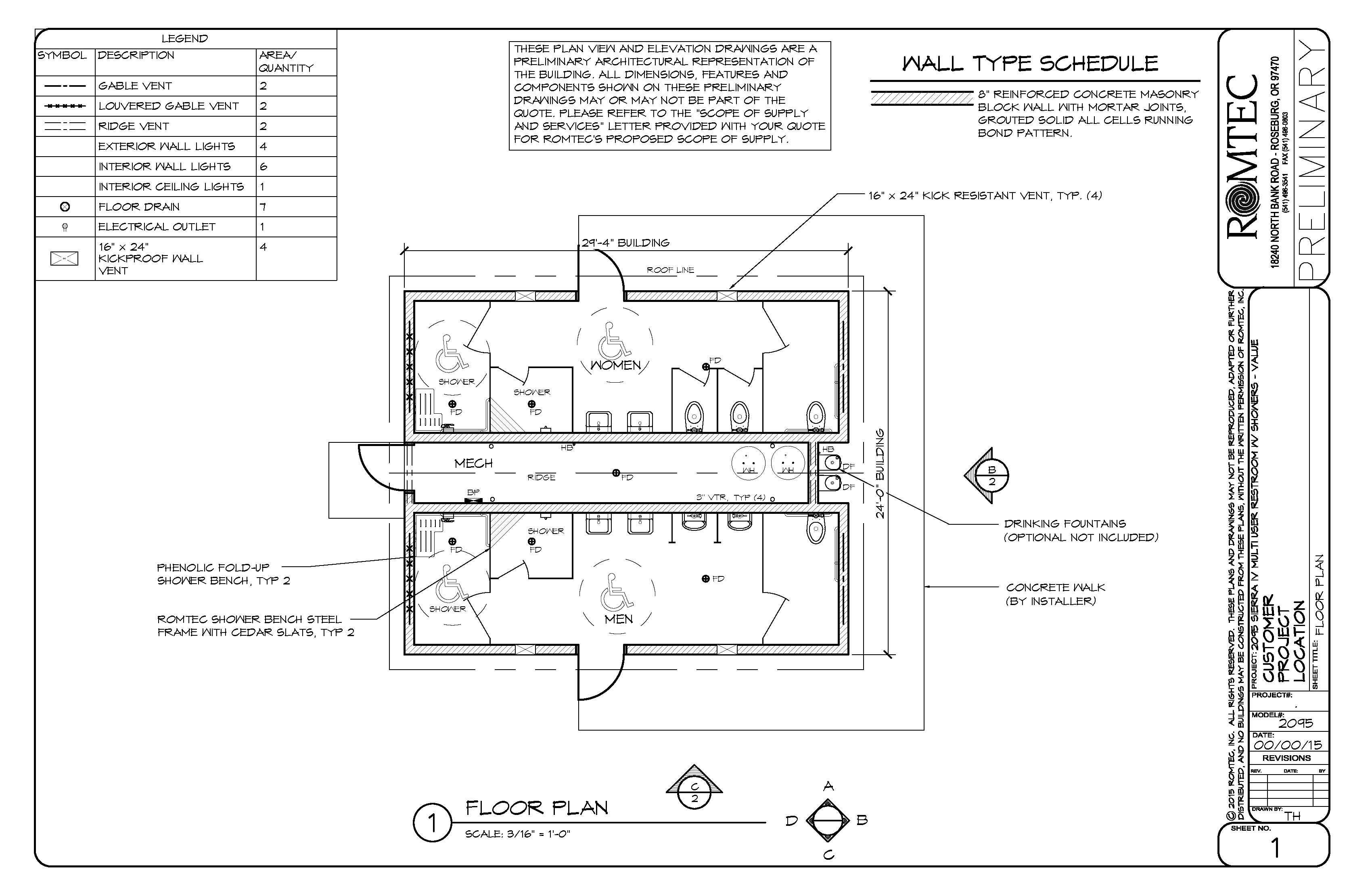 Plans for a Large Shower and Bathroom Structure with Accessible Rooms and Side Entries