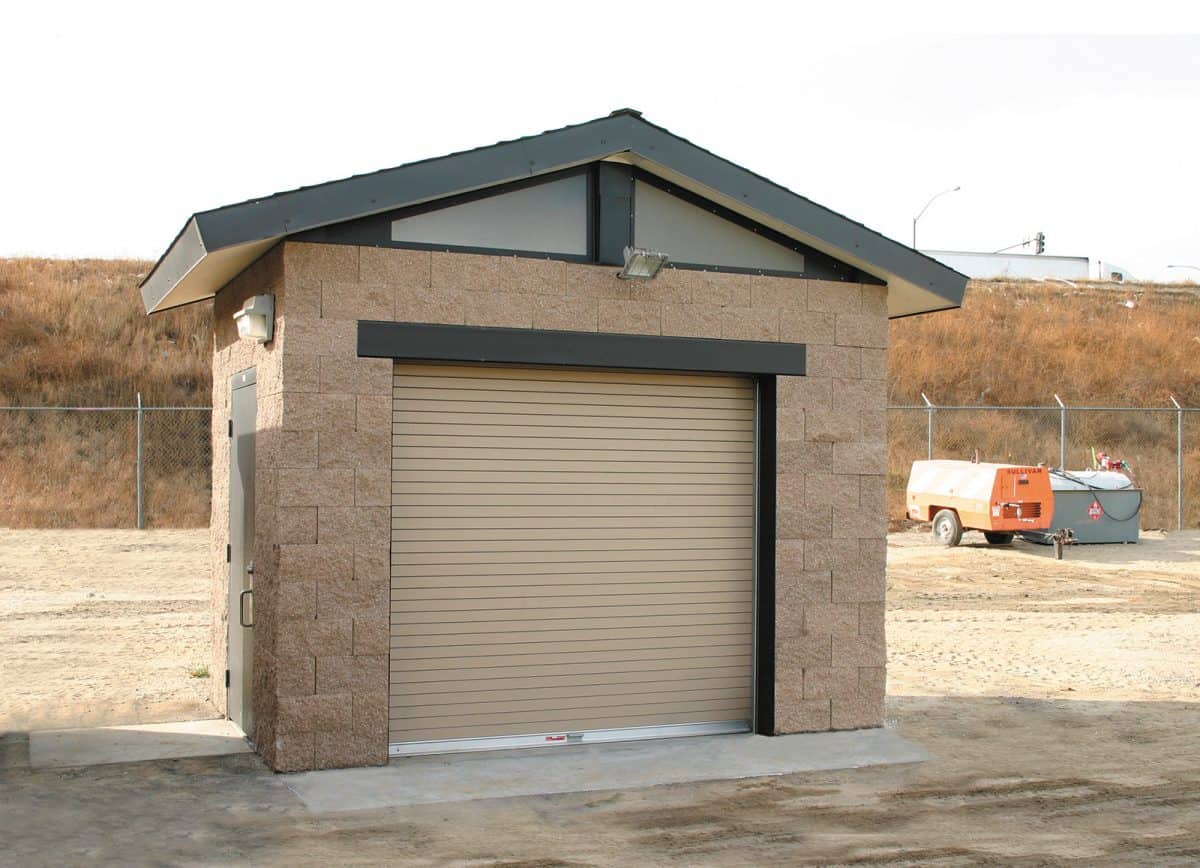 Concrete Equipment and Control Building with Vehicle Door