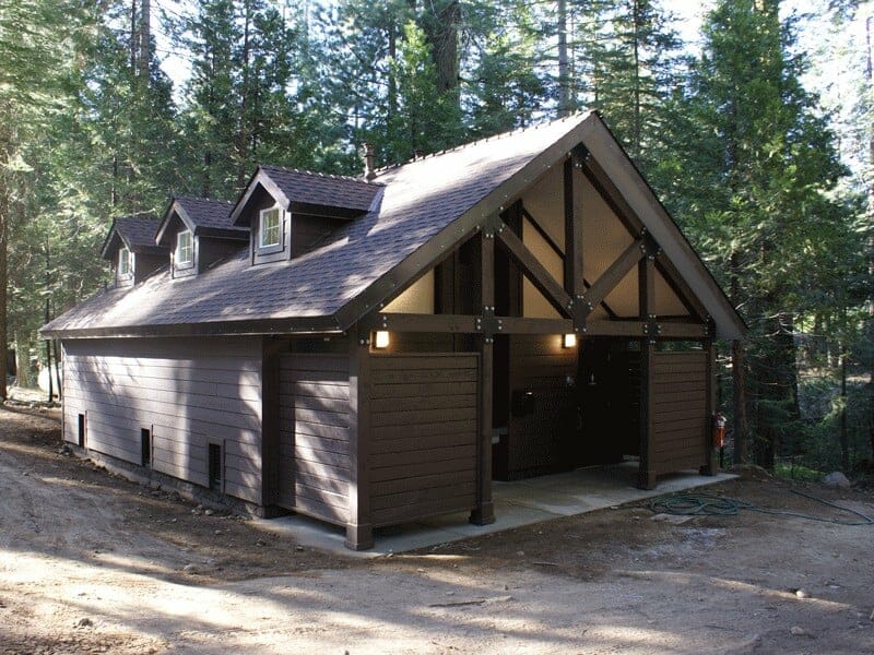 Attractive Campground Shower with Shingled Roof and Dormers with Windows