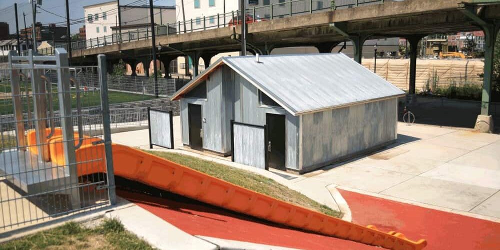 Corrugated Metal Exterior on Playground Restroom