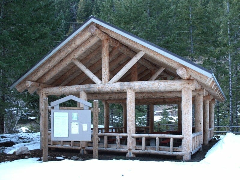 High Pitched Roof in Rustic Log Post Shelter and Rail Guard