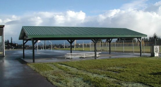 Attractive Steel Post Shelter with Green Metal Roof at High School