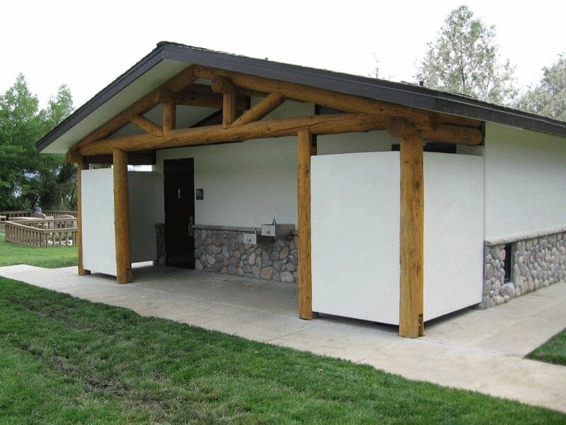 Multi User Restroom with Log Post Gable Truss and Stucco Exterior