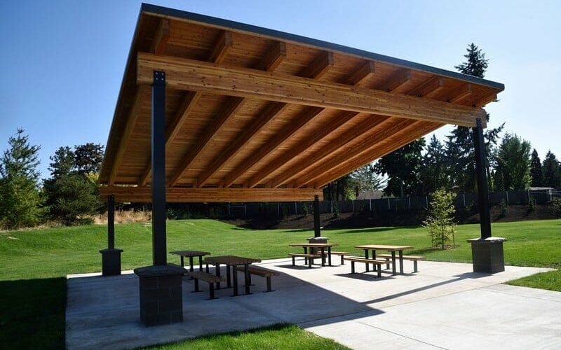 Pavilion with Attractive Glulam Beams and Steel Posts