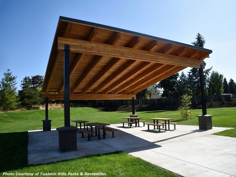 Pavilion with Attractive Glulam Beams and Steel Posts