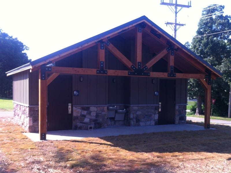 Restroom with Stone Wainscot and Timber Post Supports