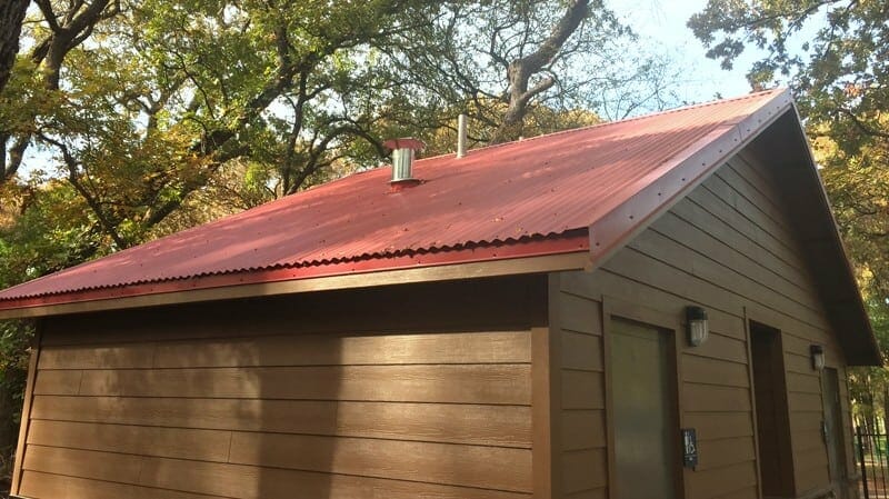 Red Corrugated Metal Roof on Restroom
