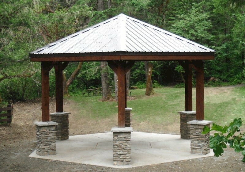 Timber Post Pavilion with Stone Wrapped Columns