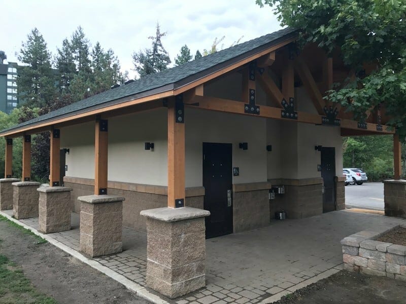 Plumbed Restroom Building with Roof Overhang and Stone Column Footers