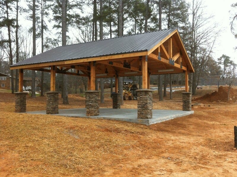 Timber Pavilion with Stone Column Wrap