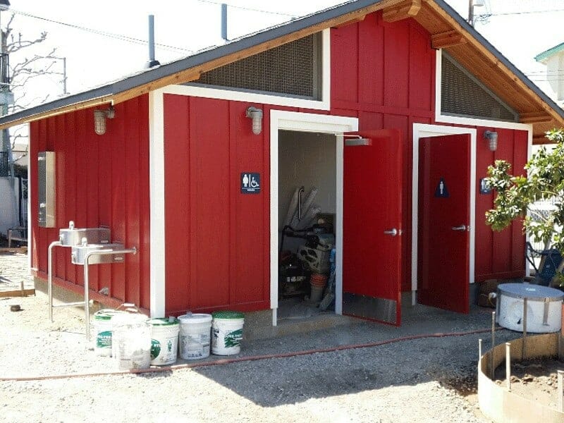 Bright Red Restroom with Shower
