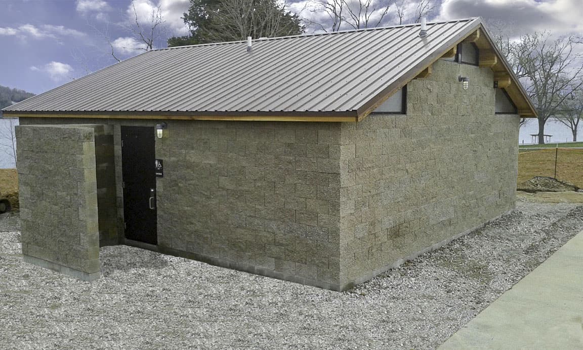 model-2071-restroom-shower-building-with-cement-block-structure Medium Sized Shower Building with Side Entry and Steel Features