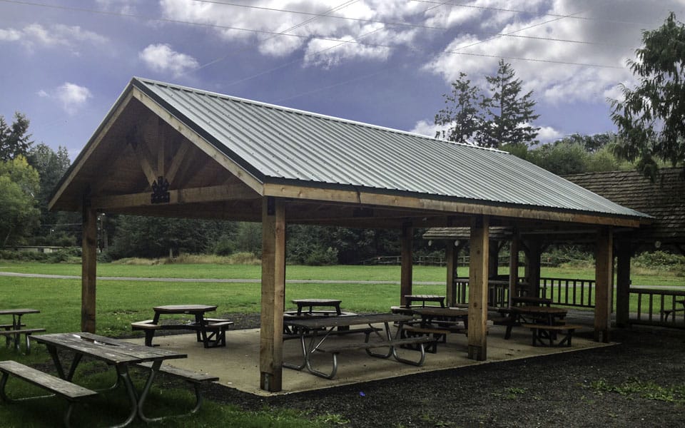 Large Dimensional Lumber Pavilion for Park Setting with Picnic Tables