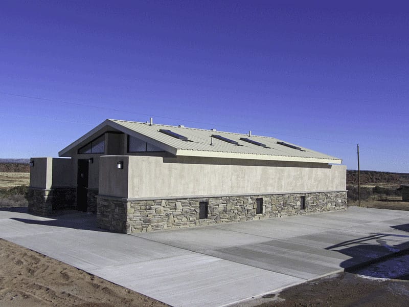 Extra Large Bathroom Structure with Stone Wainscot Exterior and Privacy Wall