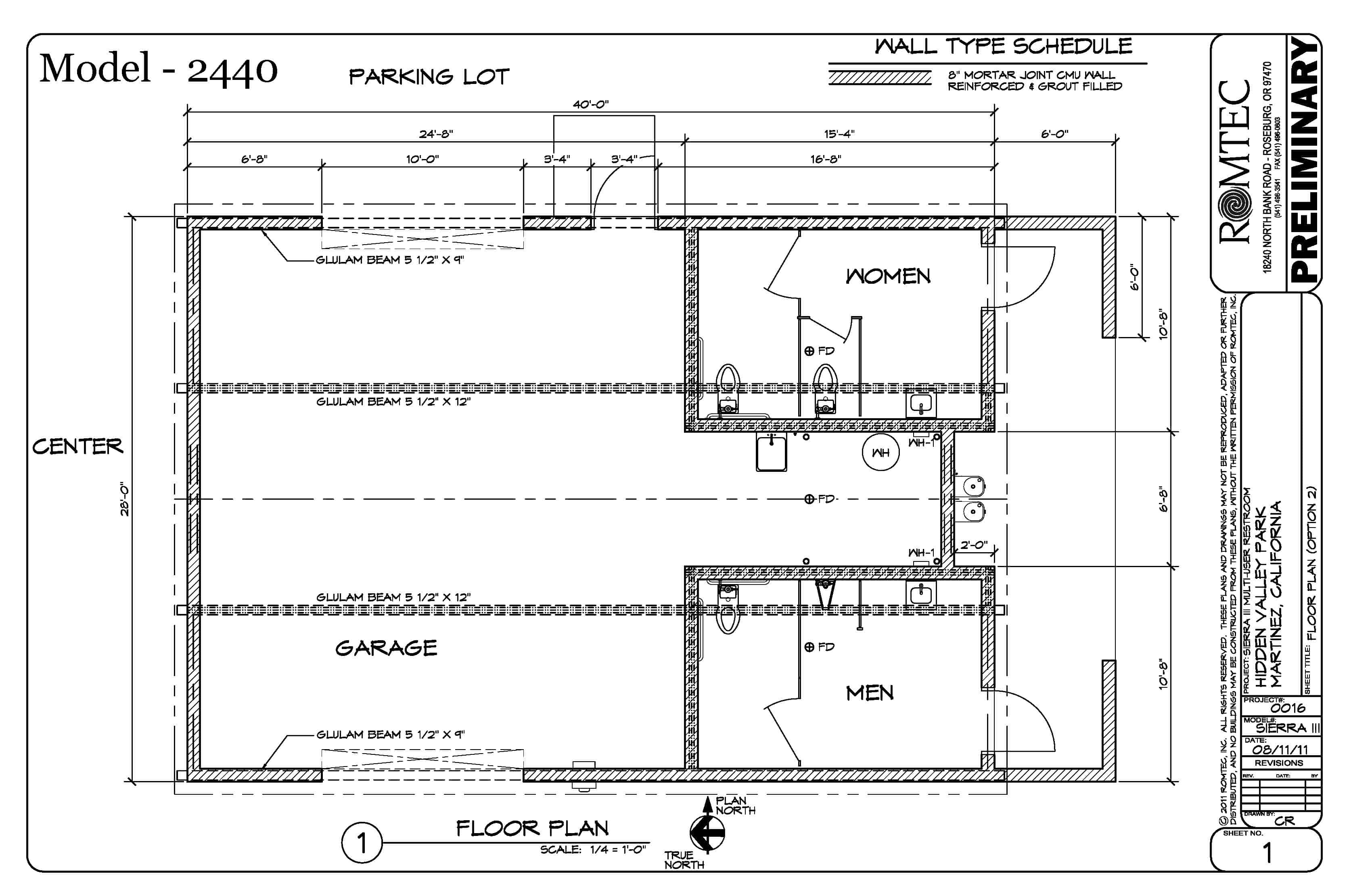 plans-for-model-2440-small-community-building Park Facilities Building with Restrooms, Garage with Rollup Door