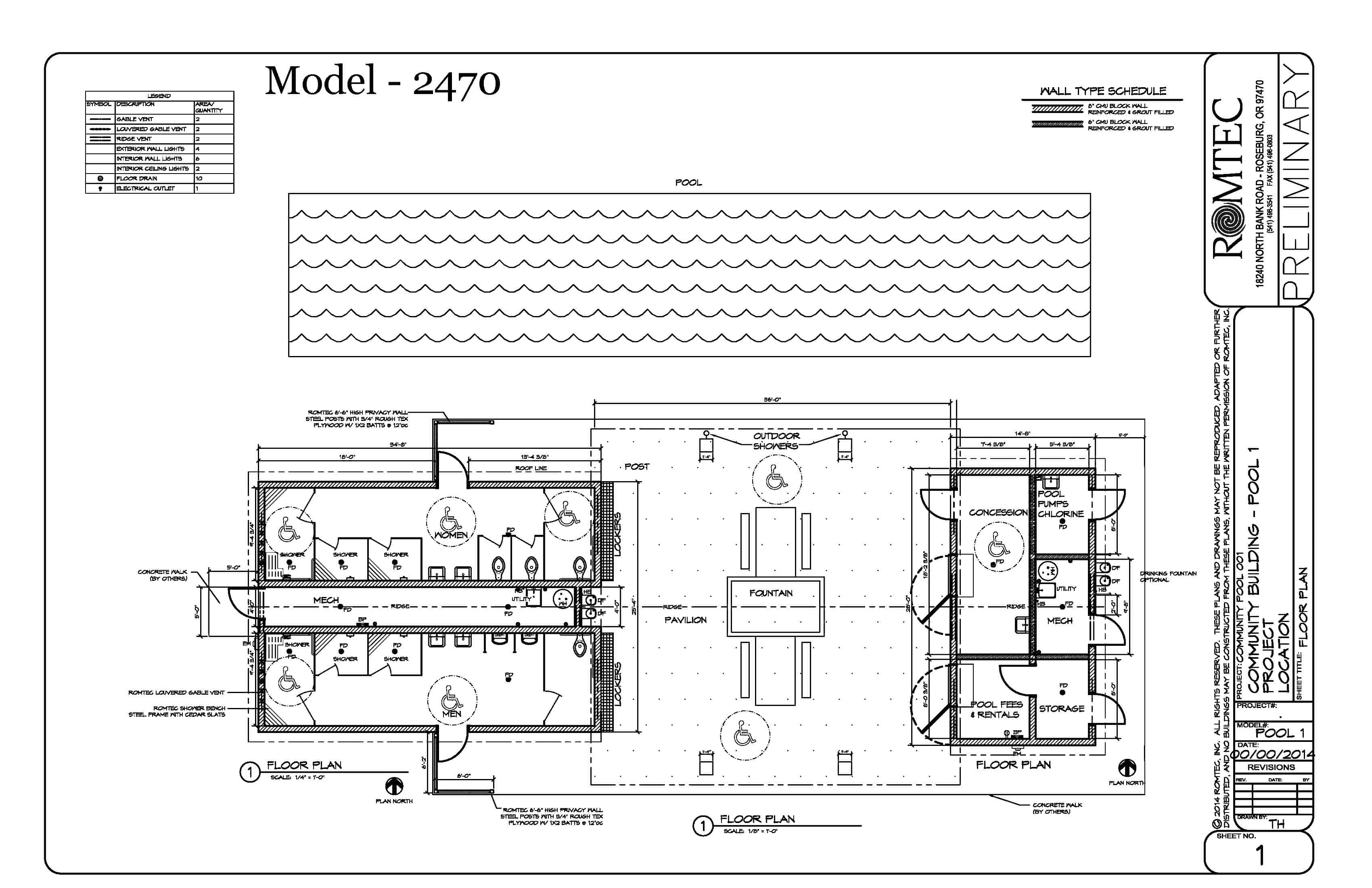 Design Drawings for an Extra Large Community Building with Multi-User Restrooms, Concessions and Outdoor Showers