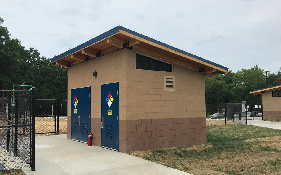 small-chemical-storage-building-single-pitch-roof Small Storage Shed for Chemicals and Pumping Equipment