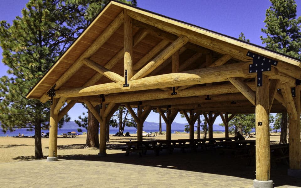 Extra Large Log Pavilion at Lakeside Park Setting
