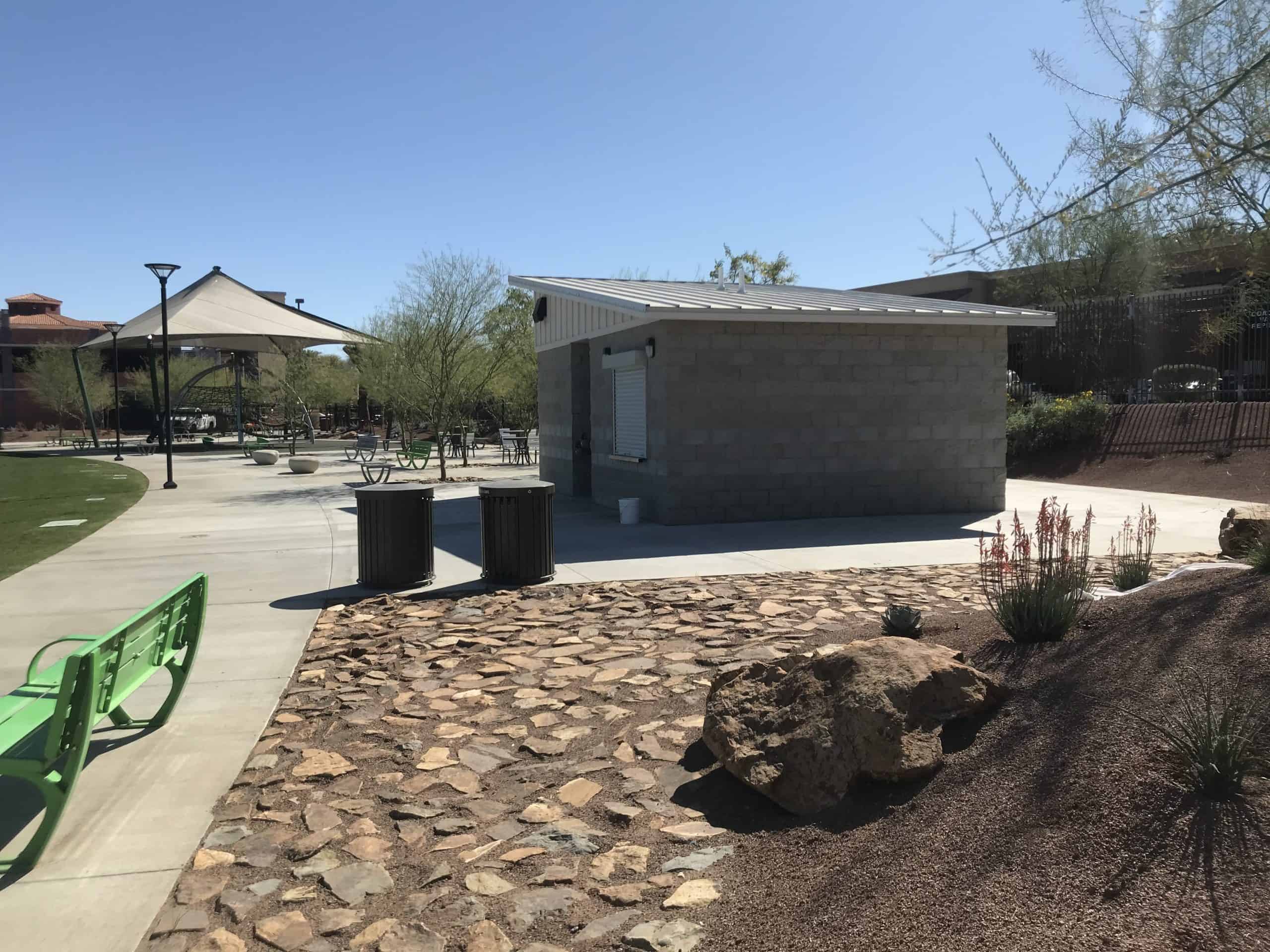 Single slope roofing on restroom concession for amphitheater site