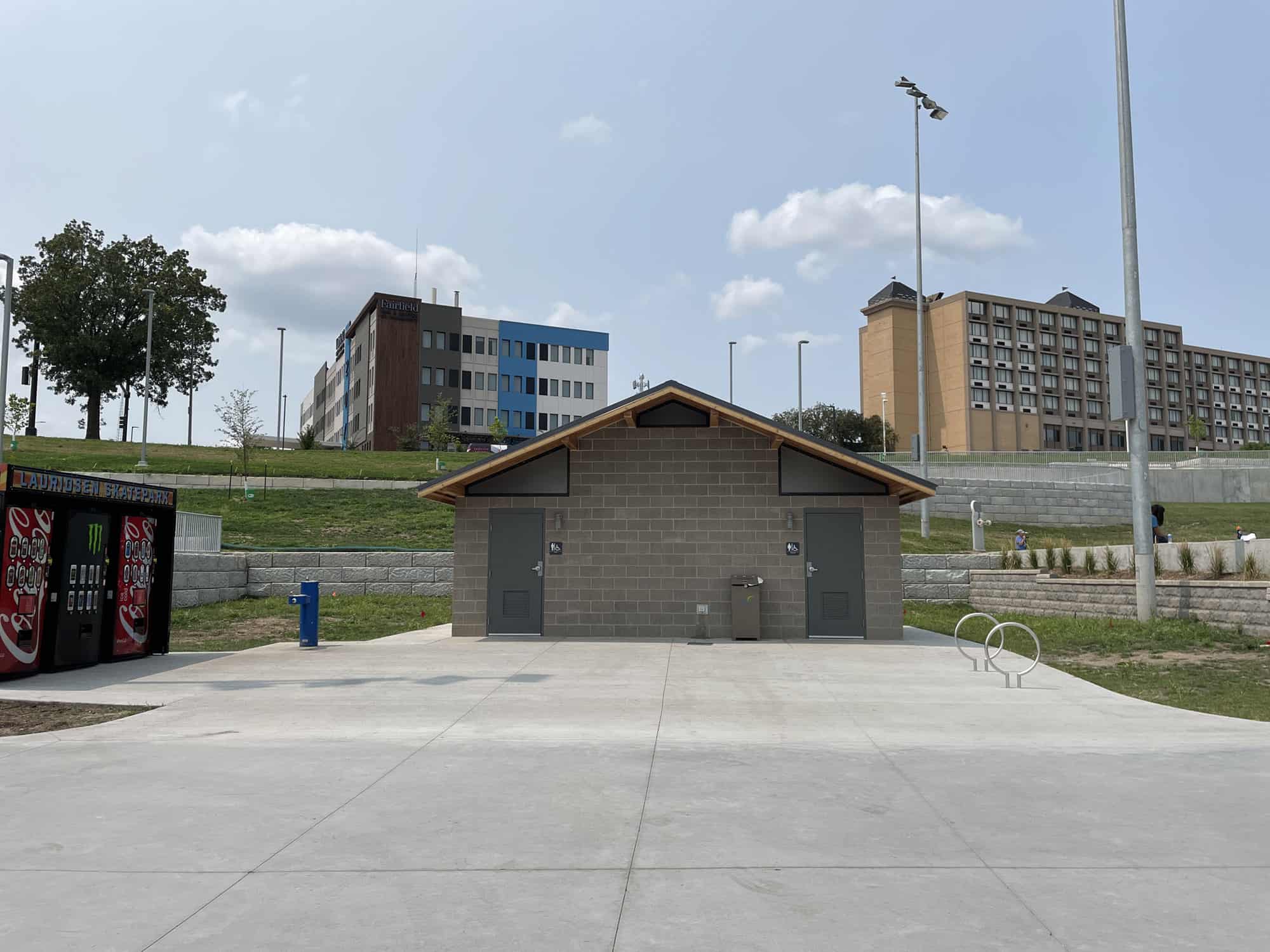 Multi-user restroom building at skate park in iowa