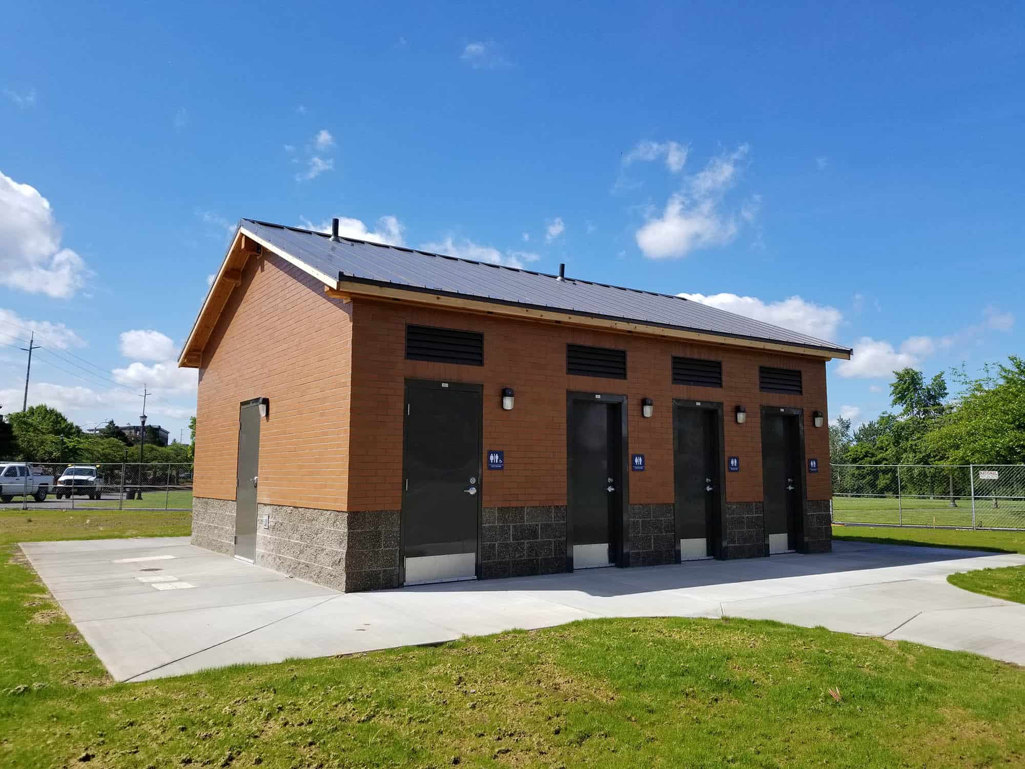 Restroom building with brick exterior and mechanical room