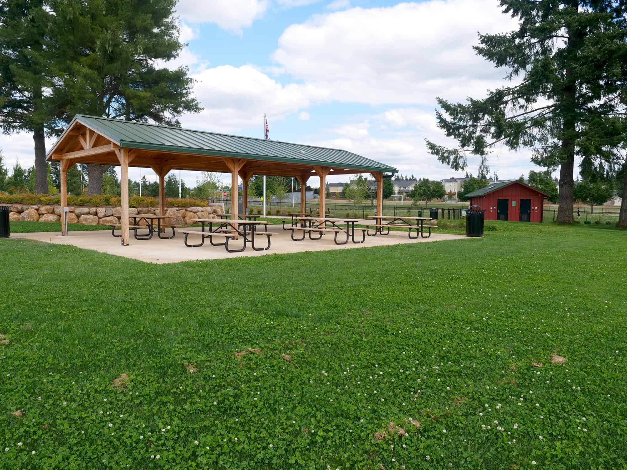 Restroom and matching pavilion at park in northern oregon