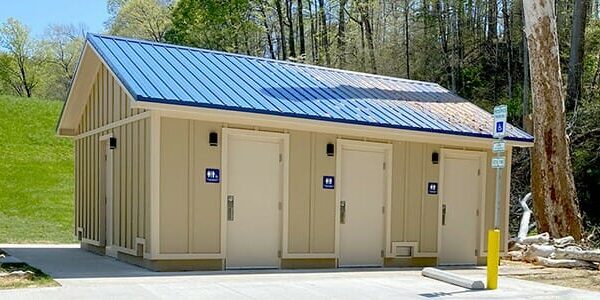 Restroom in Ohio with a flow-through flood design