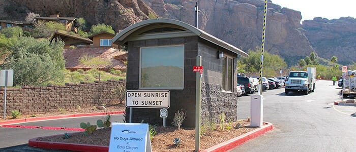 A themed gatehouse at the entrance of a canyon park