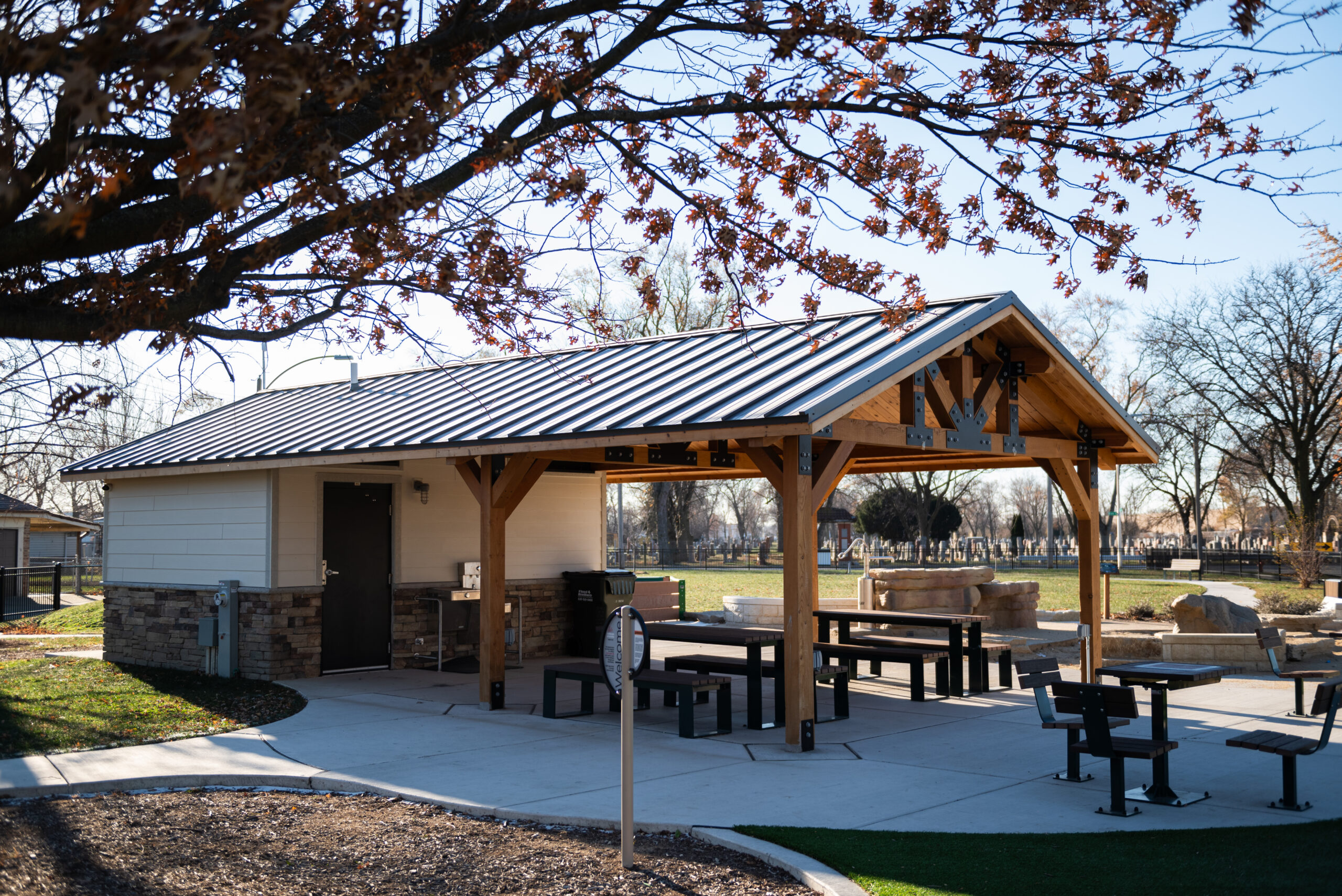 Restroom and covered shelter at Regier Park, IL