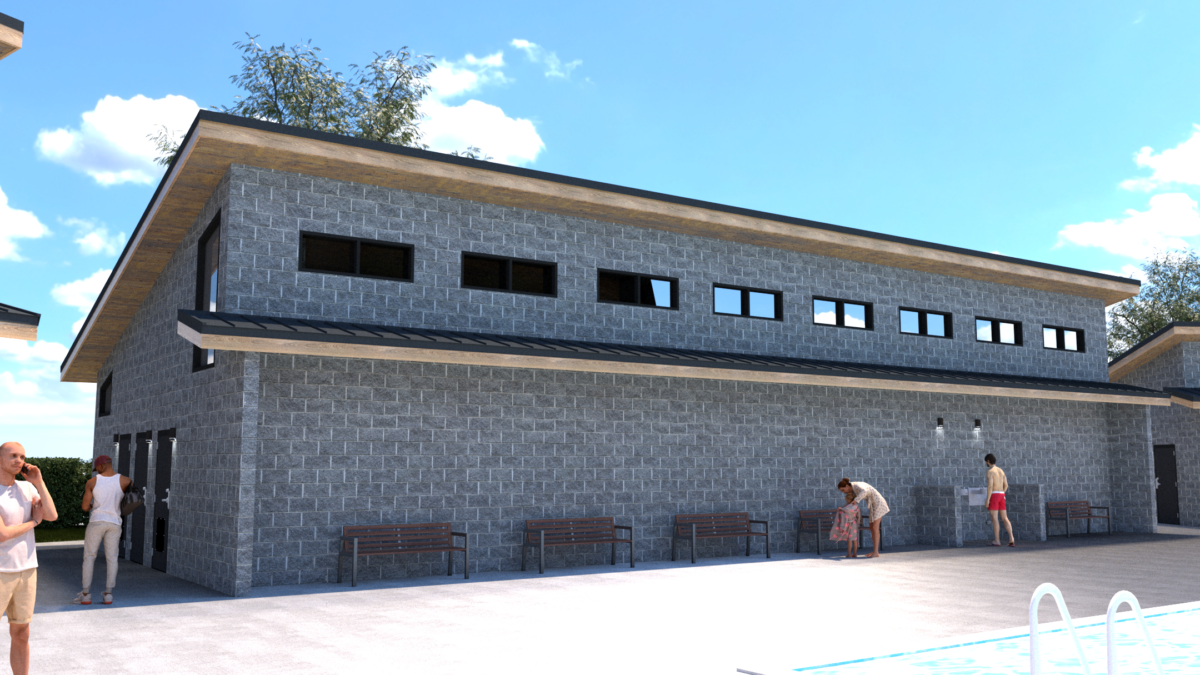 A rendering of a large CMU restroom and shower building
