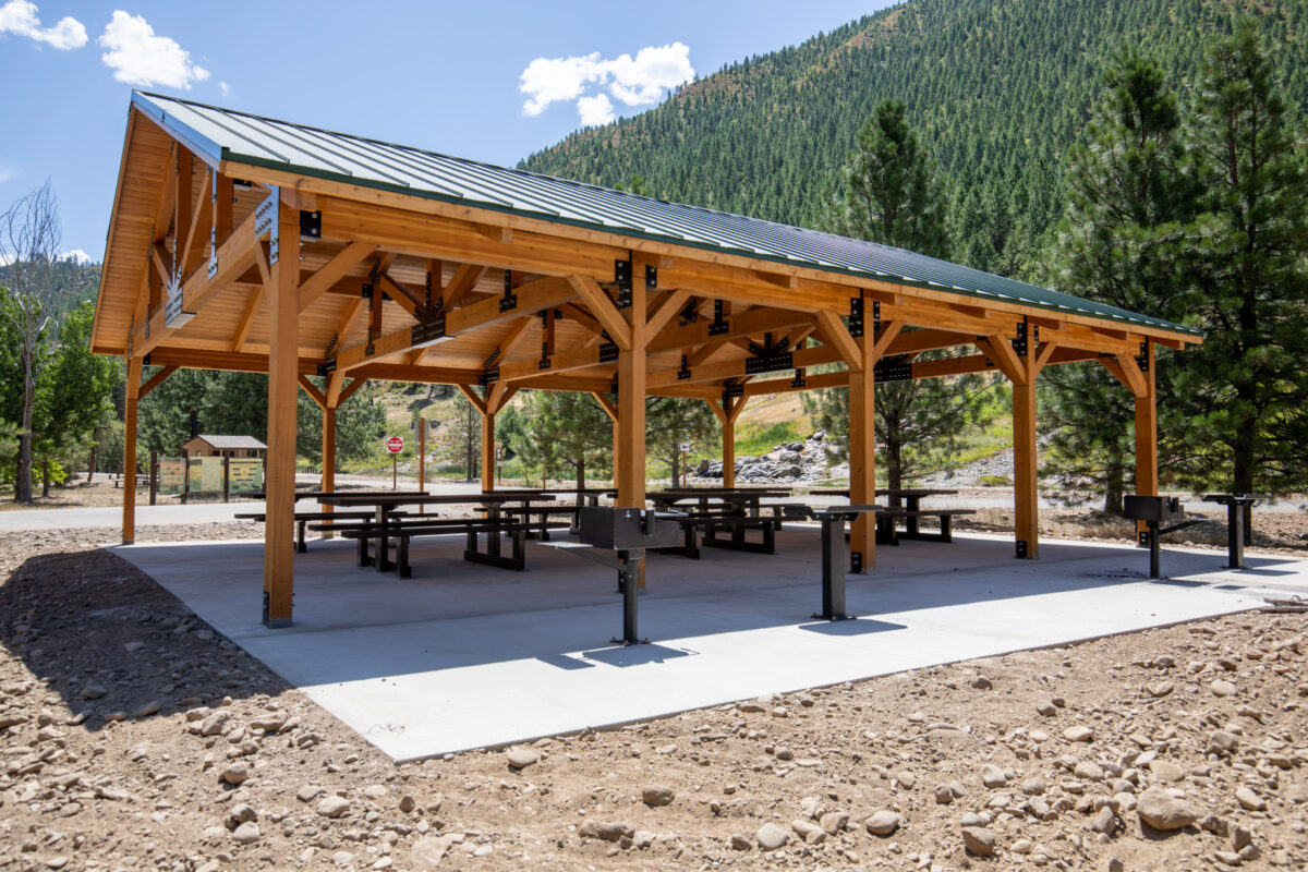 a wood pavilion in Lowman, Idaho