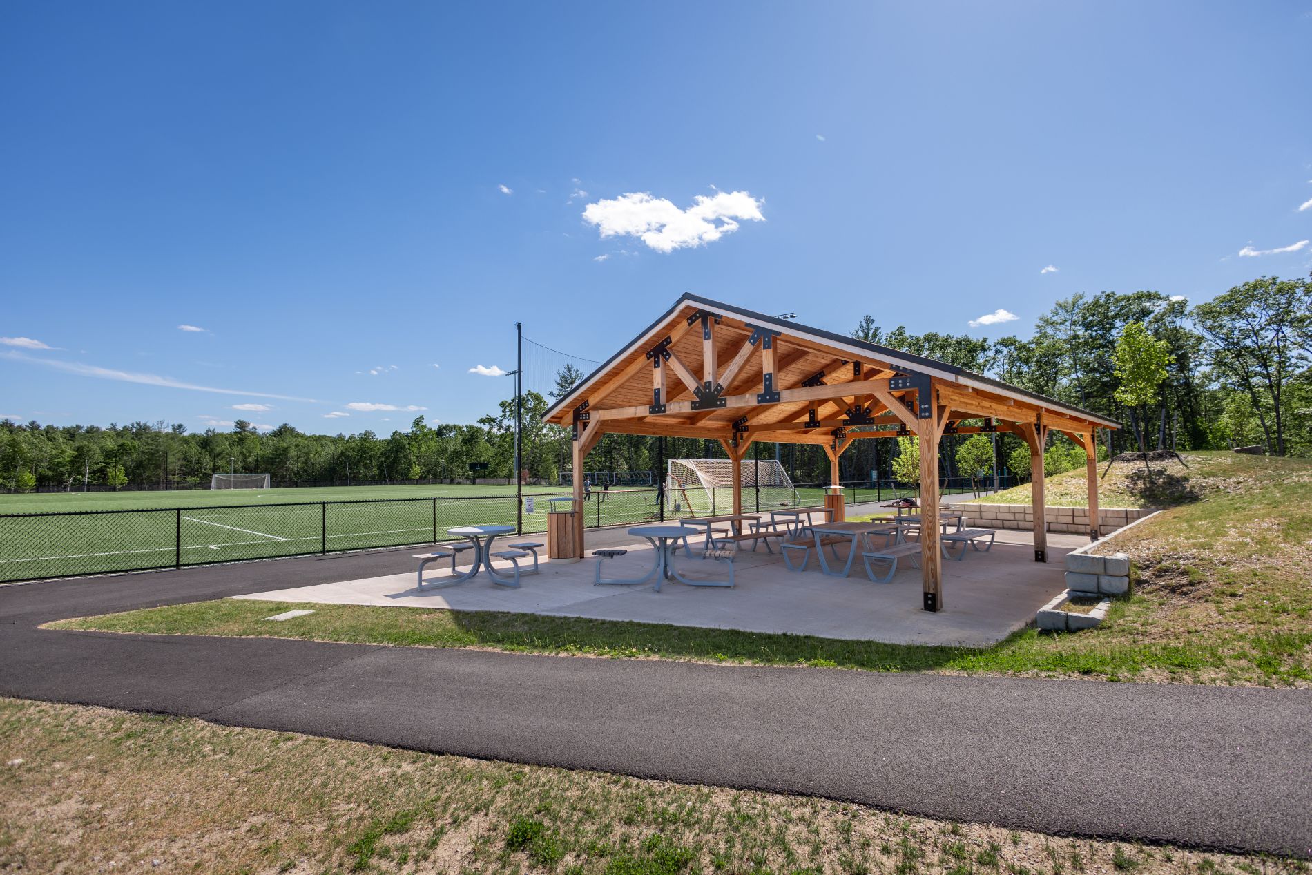 Large Dimensional Lumber Pavilion for Park Setting with Picnic Tables